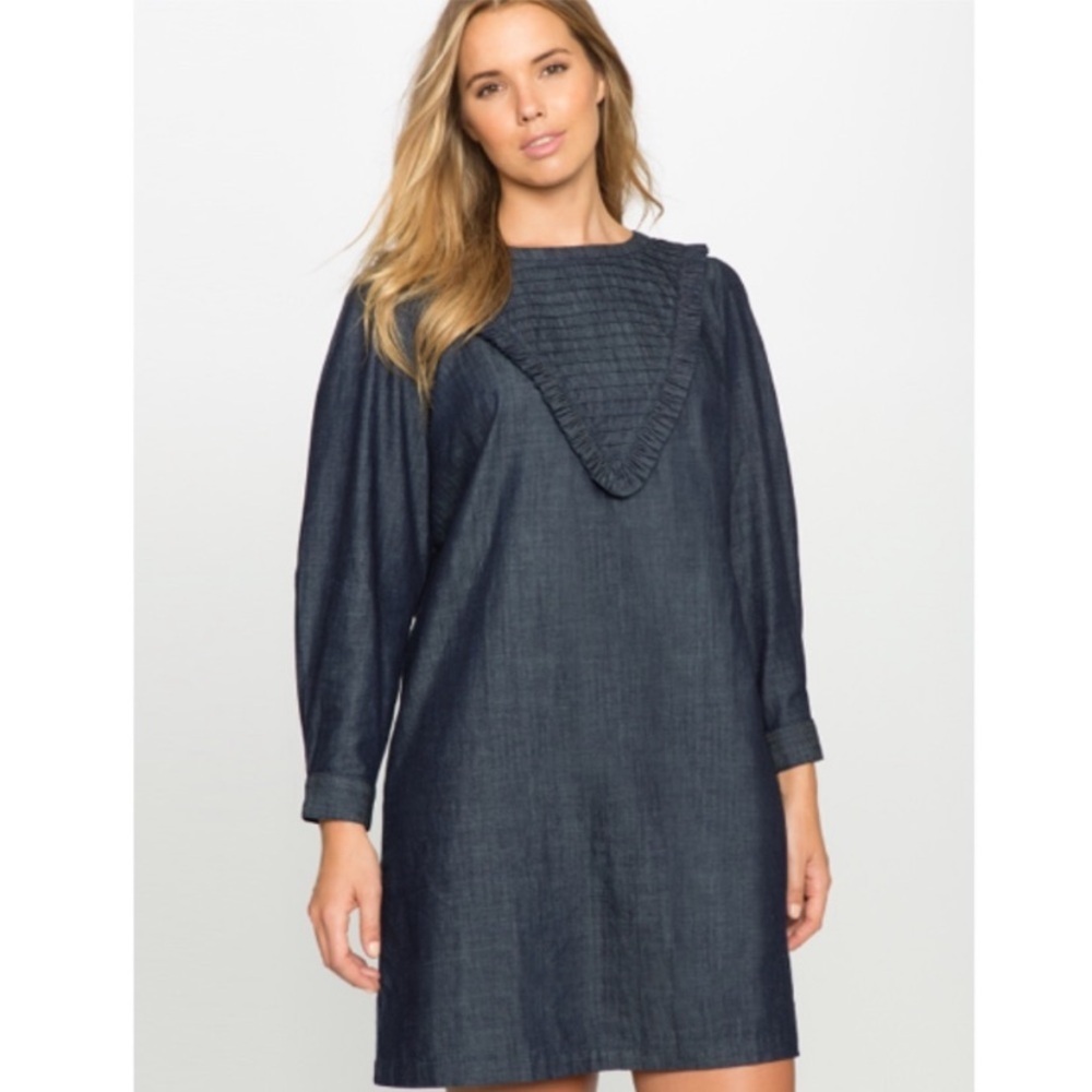 “ELOQUII” Denim Chambray PinTuck Bib Dress